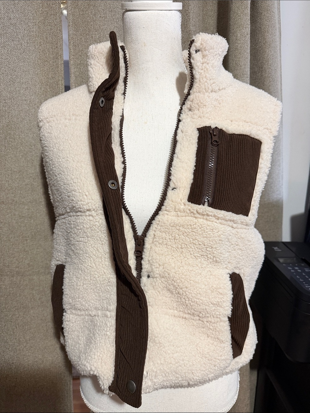 Thread & Supply Cream Sherpa Vest with Brown Trim